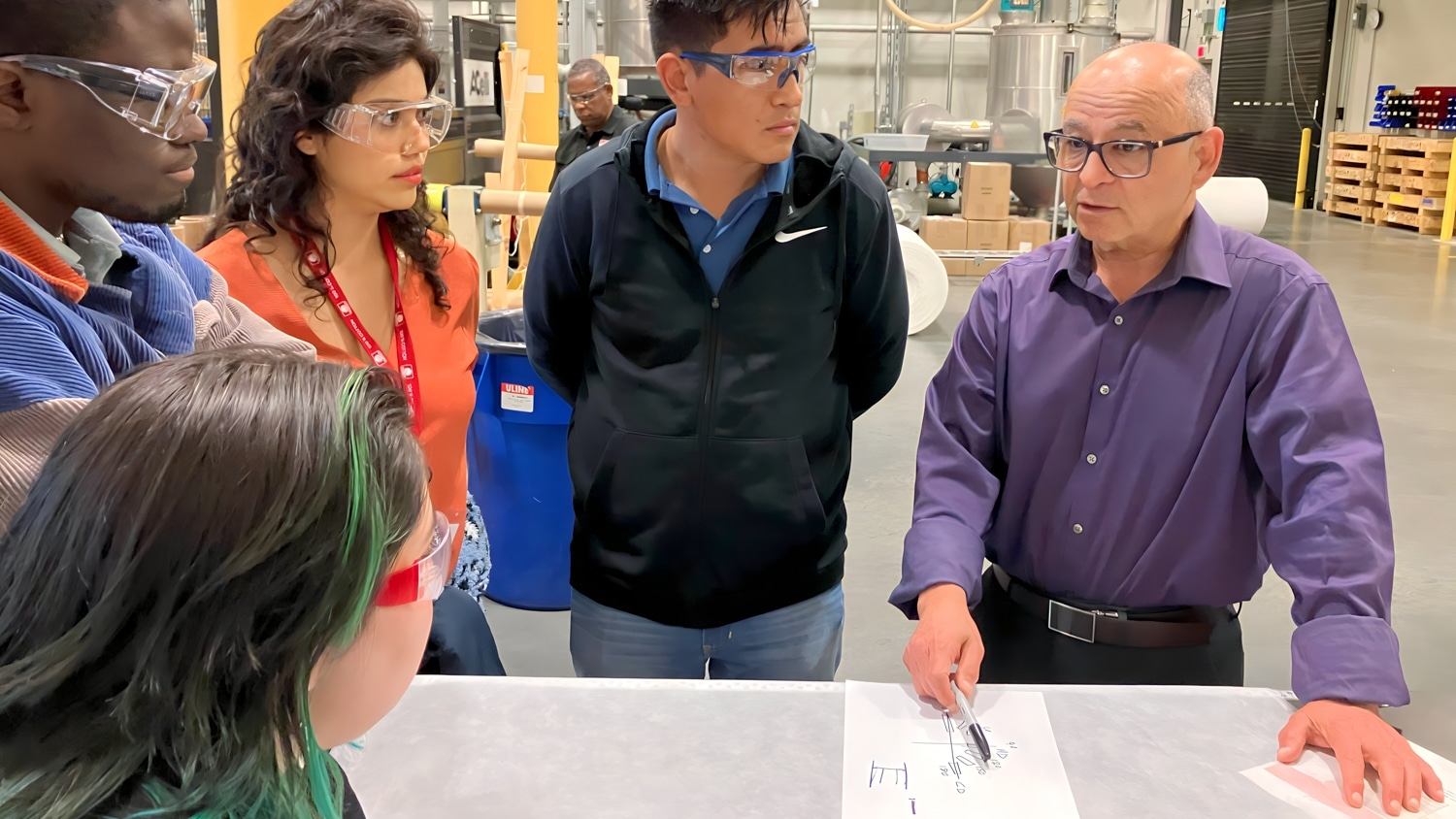 Behnam Pourdeyhimi and a group of people wearing protective glasses in The Nonwovens Institute.