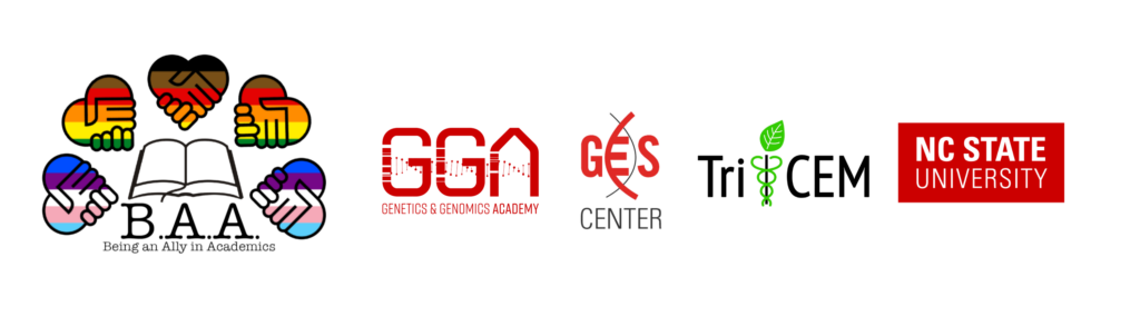 Logos for: BAA (Being an Ally in Academics), GGA (Genetics and Genomics Academy), GES Center, TriCem, and NC State
