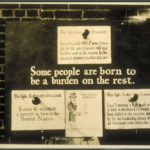 This photograph is dated 1926 in the American Eugenics Society Records. The sign at the top reads, “This light flashes every 15 seconds. Every 15 seconds, $1.00 of your money goes for the care of persons with bad heredity such as the insane feebleminded criminals & other defectives”. Below center, promotional material for a “Fitter Families Contest” to be held at the Eastern States Exposition in Springfield, Mass.
