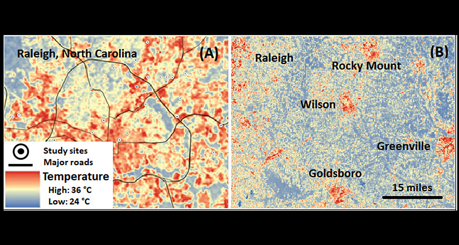 Map shows urban heat islands in and around Raleigh and several other N.C. cities.