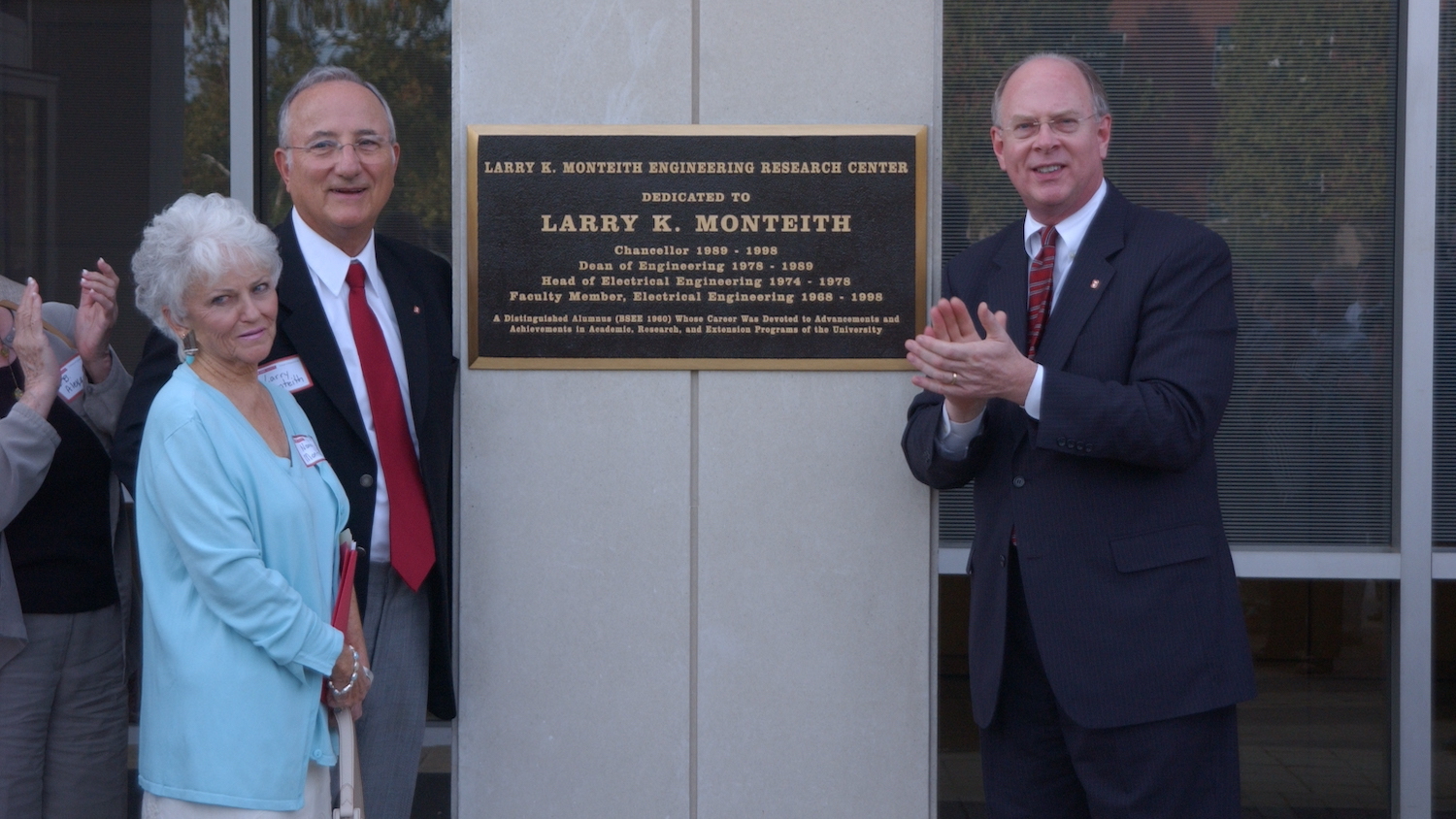 NC State Chancellor Larry Monteith stands in front of the Monteith Research Center.