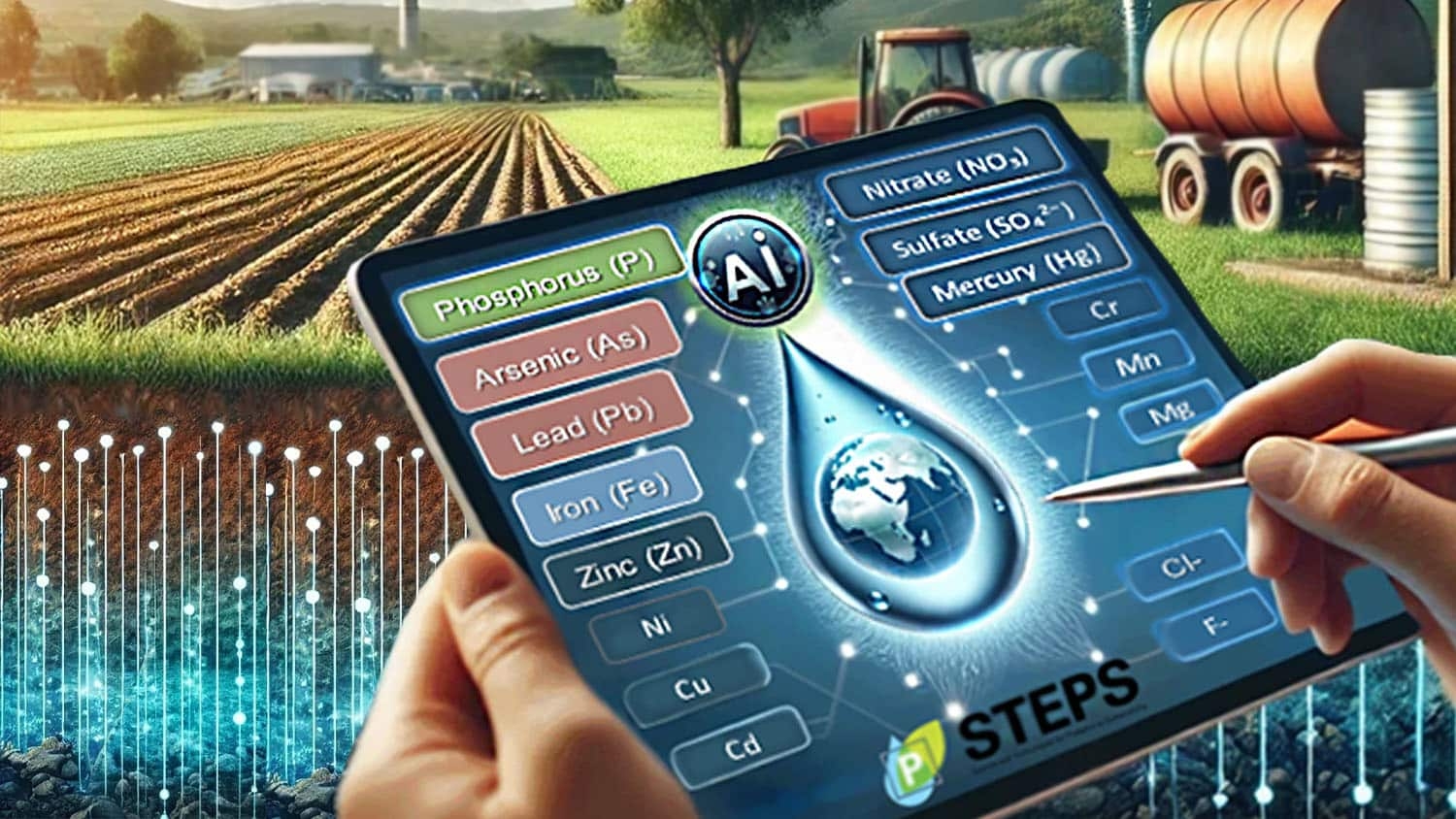 illustration shows a digital screen displaying data related to groundwater quality