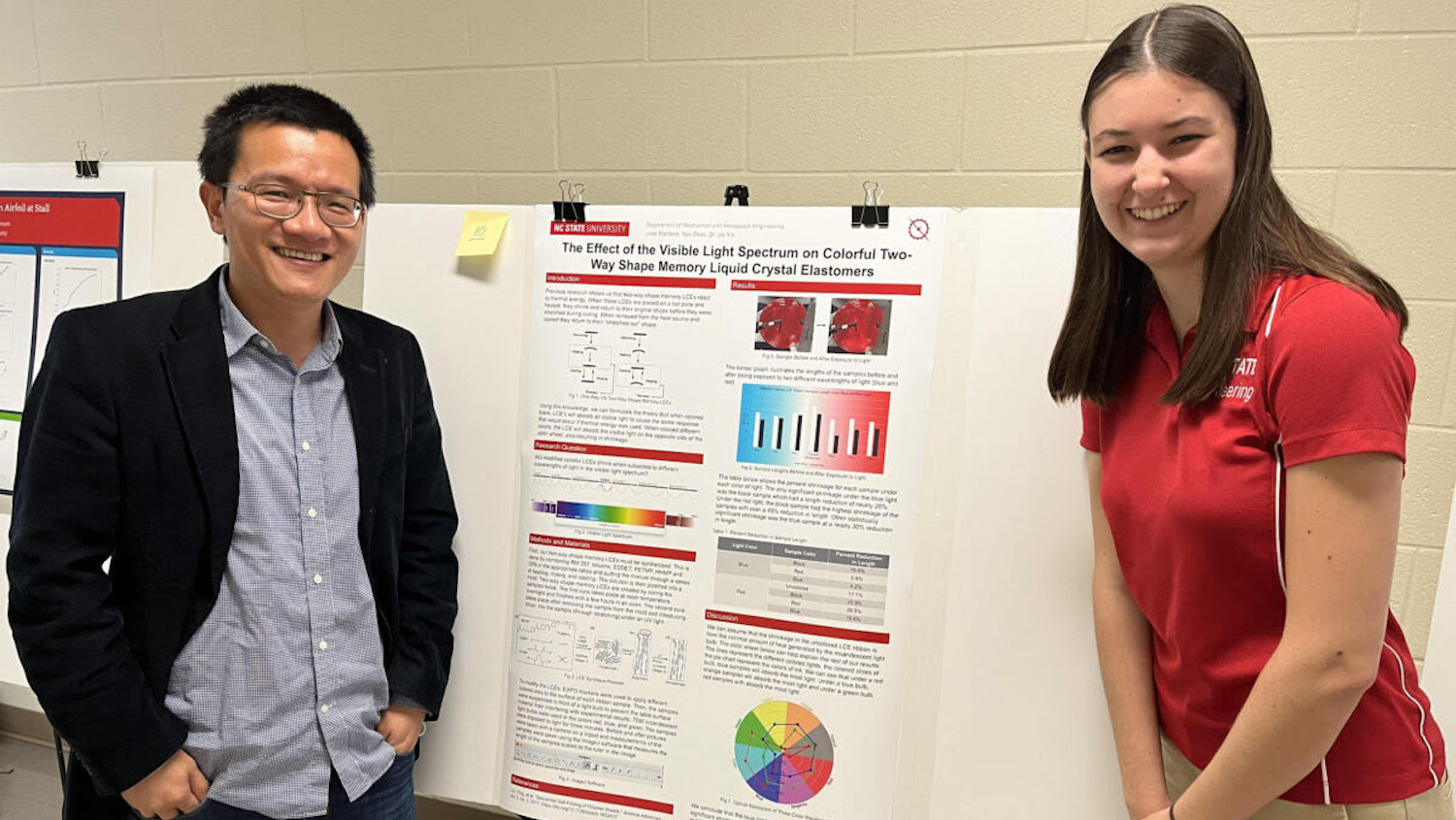 Jie Yin, left, at poster presentation with student, right.