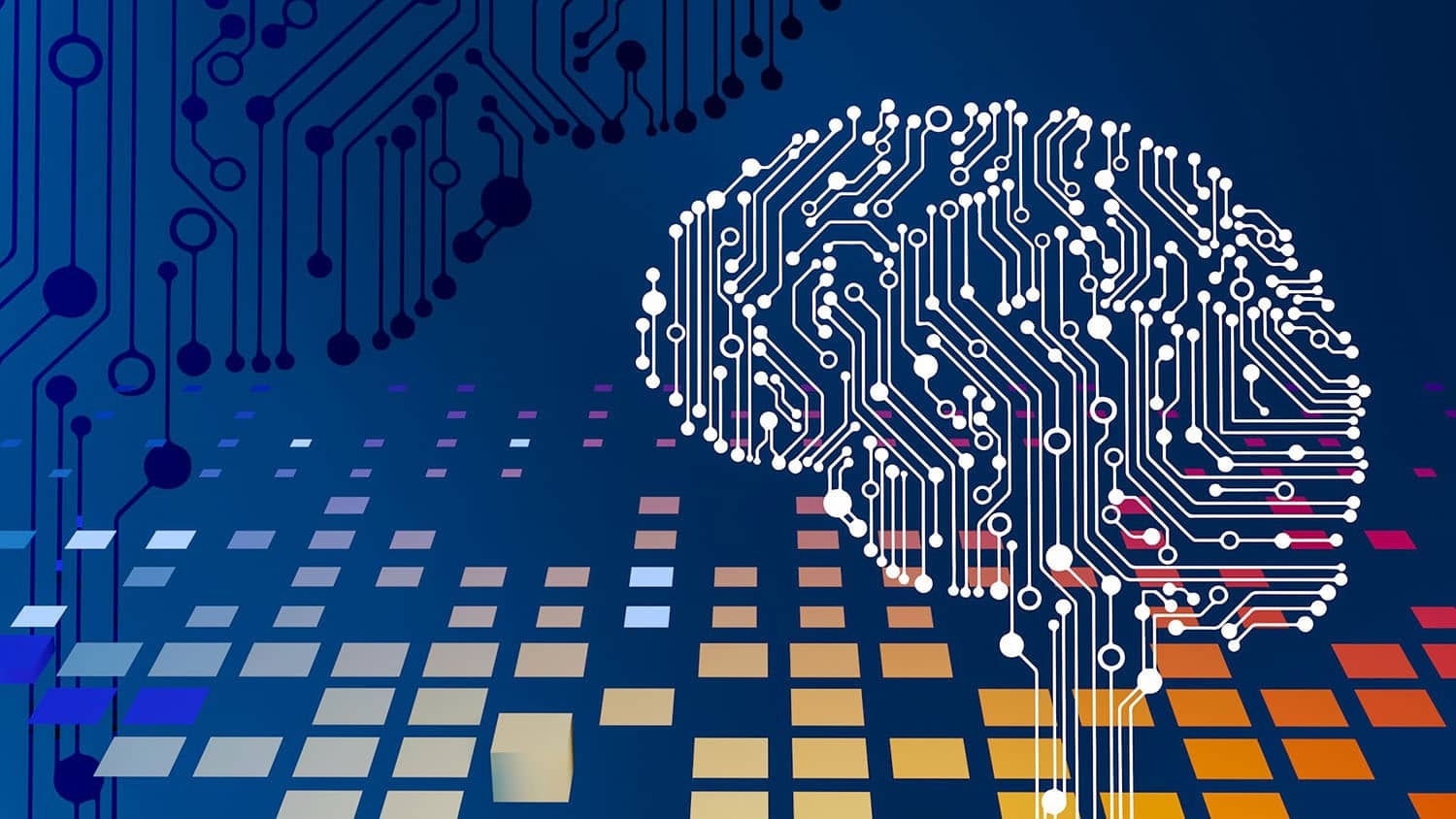 illustration of computer circuits in the shape of a brain in front of a range of colorful squares